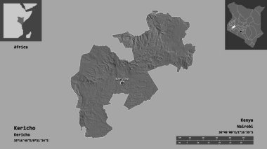 Kericho 'nun şekli, Kenya ilçesi ve başkenti. Uzaklık ölçeği, ön gösterimler ve etiketler. Çift seviyeli yükseklik haritası. 3B görüntüleme