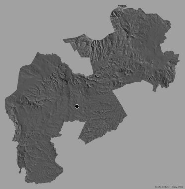 Kenya 'nın Kericho ilçesi, başkenti katı renk arkaplanı ile izole edilmiştir. Çift seviyeli yükseklik haritası. 3B görüntüleme
