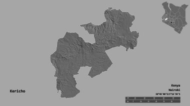 Kenya 'nın Kericho ilçesi, başkenti sağlam arka planda izole edilmiştir. Uzaklık ölçeği, bölge önizlemesi ve etiketleri. Çift seviyeli yükseklik haritası. 3B görüntüleme