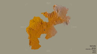 Kericho bölgesi, Kenya ilçesi, sağlam bir arka planda izole edilmiş bir sınır kutusunda. Etiketler. Topografik yardım haritası. 3B görüntüleme