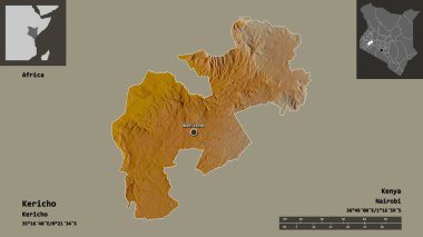 Kericho 'nun şekli, Kenya ilçesi ve başkenti. Uzaklık ölçeği, ön gösterimler ve etiketler. Topografik yardım haritası. 3B görüntüleme