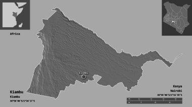 Kenya 'nın Kiambu ilçesi ve başkenti. Uzaklık ölçeği, ön gösterimler ve etiketler. Çift seviyeli yükseklik haritası. 3B görüntüleme