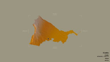 Kenya 'nın Kiambu ilçesi, jeoreferatlı bir sınır kutusunda sağlam bir arka planda izole edilmiş. Etiketler. Topografik yardım haritası. 3B görüntüleme
