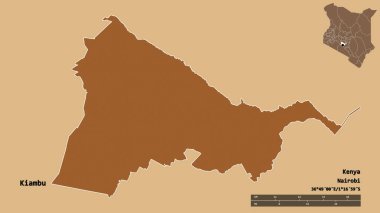 Kenya 'nın Kiambu ilçesi, başkenti katı bir zemin ile izole edilmiştir. Uzaklık ölçeği, bölge önizlemesi ve etiketleri. Desenli dokuların bileşimi. 3B görüntüleme