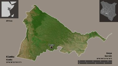 Kenya 'nın Kiambu ilçesi ve başkenti. Uzaklık ölçeği, ön gösterimler ve etiketler. Uydu görüntüleri. 3B görüntüleme