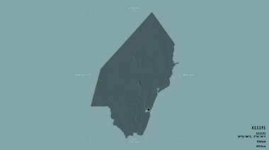 Kenya 'nın Kilifi ilçesi bölgesi, jeoreferatlı bir sınır kutusunda sağlam bir arka planda izole edilmiş. Etiketler. Renkli yükseklik haritası. 3B görüntüleme