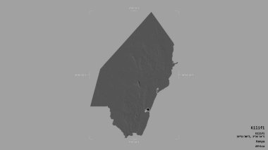 Kenya 'nın Kilifi ilçesi bölgesi, jeoreferatlı bir sınır kutusunda sağlam bir arka planda izole edilmiş. Etiketler. Çift seviyeli yükseklik haritası. 3B görüntüleme