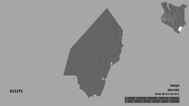 Kenya 'nın Kilifi ilçesi, başkenti sağlam arka planda izole edilmiş. Uzaklık ölçeği, bölge önizlemesi ve etiketleri. Çift seviyeli yükseklik haritası. 3B görüntüleme