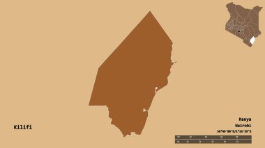 Kenya 'nın Kilifi ilçesi, başkenti sağlam arka planda izole edilmiş. Uzaklık ölçeği, bölge önizlemesi ve etiketleri. Desenli dokuların bileşimi. 3B görüntüleme