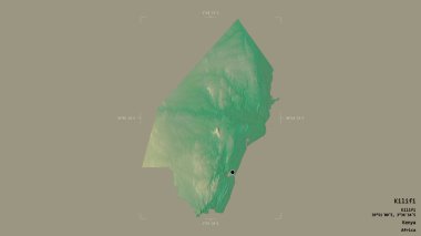 Kenya 'nın Kilifi ilçesi bölgesi, jeoreferatlı bir sınır kutusunda sağlam bir arka planda izole edilmiş. Etiketler. Topografik yardım haritası. 3B görüntüleme