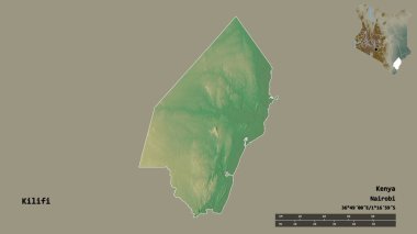 Kenya 'nın Kilifi ilçesi, başkenti sağlam arka planda izole edilmiş. Uzaklık ölçeği, bölge önizlemesi ve etiketleri. Topografik yardım haritası. 3B görüntüleme