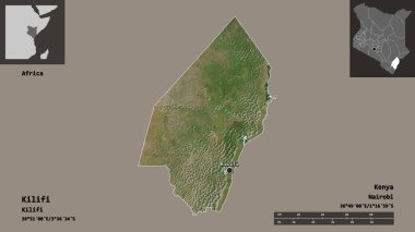 Kenya 'nın Kilifi ilçesi ve başkenti. Uzaklık ölçeği, ön gösterimler ve etiketler. Uydu görüntüleri. 3B görüntüleme
