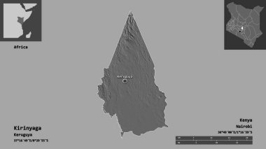 Kenya 'nın Kirinyaga ilçesi ve başkenti. Uzaklık ölçeği, ön gösterimler ve etiketler. Çift seviyeli yükseklik haritası. 3B görüntüleme