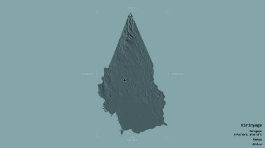 Kenya 'nın Kirinyaga ilçesi, jeoreferatlı bir sınır kutusunda sağlam bir arka planda izole edilmiş. Etiketler. Renkli yükseklik haritası. 3B görüntüleme