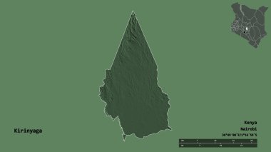 Kenya 'nın Kirinyaga ilçesi, başkenti sağlam arka planda izole edilmiş. Uzaklık ölçeği, bölge önizlemesi ve etiketleri. Renkli yükseklik haritası. 3B görüntüleme