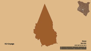 Kenya 'nın Kirinyaga ilçesi, başkenti sağlam arka planda izole edilmiş. Uzaklık ölçeği, bölge önizlemesi ve etiketleri. Desenli dokuların bileşimi. 3B görüntüleme