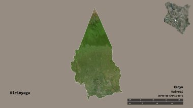 Kenya 'nın Kirinyaga ilçesi, başkenti sağlam arka planda izole edilmiş. Uzaklık ölçeği, bölge önizlemesi ve etiketleri. Uydu görüntüleri. 3B görüntüleme