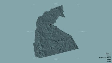 Kenya 'nın Kisii ilçesi, jeoreferated sınır kutusunda sağlam bir arka planda izole edilmiş. Etiketler. Renkli yükseklik haritası. 3B görüntüleme