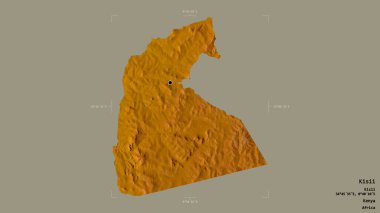 Kenya 'nın Kisii ilçesi, jeoreferated sınır kutusunda sağlam bir arka planda izole edilmiş. Etiketler. Topografik yardım haritası. 3B görüntüleme