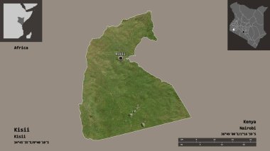 Kenya 'nın Kisii ilçesi ve başkenti. Uzaklık ölçeği, ön gösterimler ve etiketler. Uydu görüntüleri. 3B görüntüleme