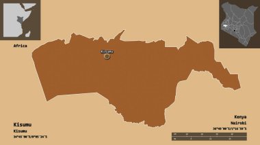 Kenya 'nın Kisumu ilçesi ve başkenti. Uzaklık ölçeği, ön gösterimler ve etiketler. Desenli dokuların bileşimi. 3B görüntüleme