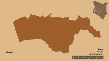 Kenya 'nın Kisumu ilçesi, başkenti sağlam bir zemin üzerinde izole edilmiştir. Uzaklık ölçeği, bölge önizlemesi ve etiketleri. Desenli dokuların bileşimi. 3B görüntüleme