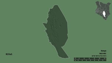 Kitui 'nin şekli, Kenya ilçesi, başkenti sağlam arka planda izole edilmiş. Uzaklık ölçeği, bölge önizlemesi ve etiketleri. Renkli yükseklik haritası. 3B görüntüleme