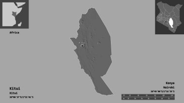 Kitui 'nin şekli, Kenya ilçesi ve başkenti. Uzaklık ölçeği, ön gösterimler ve etiketler. Çift seviyeli yükseklik haritası. 3B görüntüleme