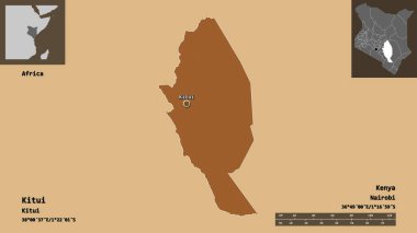 Kitui 'nin şekli, Kenya ilçesi ve başkenti. Uzaklık ölçeği, ön gösterimler ve etiketler. Desenli dokuların bileşimi. 3B görüntüleme