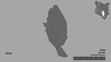 Kitui 'nin şekli, Kenya ilçesi, başkenti sağlam arka planda izole edilmiş. Uzaklık ölçeği, bölge önizlemesi ve etiketleri. Çift seviyeli yükseklik haritası. 3B görüntüleme