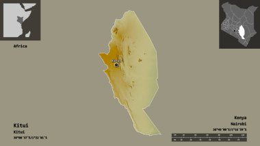 Kitui 'nin şekli, Kenya ilçesi ve başkenti. Uzaklık ölçeği, ön gösterimler ve etiketler. Topografik yardım haritası. 3B görüntüleme