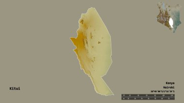 Kitui 'nin şekli, Kenya ilçesi, başkenti sağlam arka planda izole edilmiş. Uzaklık ölçeği, bölge önizlemesi ve etiketleri. Topografik yardım haritası. 3B görüntüleme