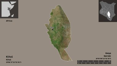 Kitui 'nin şekli, Kenya ilçesi ve başkenti. Uzaklık ölçeği, ön gösterimler ve etiketler. Uydu görüntüleri. 3B görüntüleme