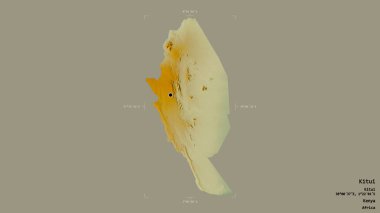 Kitui bölgesi, Kenya ilçesi, sağlam bir arka planda izole edilmiş bir sınır kutusunda. Etiketler. Topografik yardım haritası. 3B görüntüleme