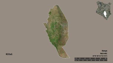 Kitui 'nin şekli, Kenya ilçesi, başkenti sağlam arka planda izole edilmiş. Uzaklık ölçeği, bölge önizlemesi ve etiketleri. Uydu görüntüleri. 3B görüntüleme