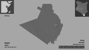 Kenya 'nın Kwale ilçesi ve başkenti. Uzaklık ölçeği, ön gösterimler ve etiketler. Çift seviyeli yükseklik haritası. 3B görüntüleme