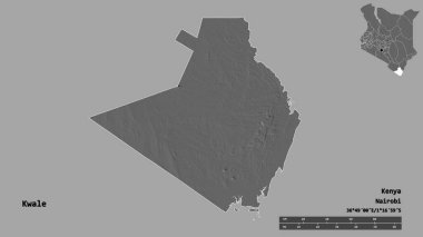 Kenya 'nın Kwale ilçesi, başkenti sağlam arka planda izole edilmiş. Uzaklık ölçeği, bölge önizlemesi ve etiketleri. Çift seviyeli yükseklik haritası. 3B görüntüleme