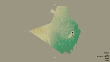 Kenya 'nın Kwale ilçesi, jeoreferatlı bir sınır kutusunda sağlam bir arka planda izole edilmiş. Etiketler. Topografik yardım haritası. 3B görüntüleme