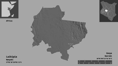 Kenya ve başkenti Laikipia 'nın şekli. Uzaklık ölçeği, ön gösterimler ve etiketler. Çift seviyeli yükseklik haritası. 3B görüntüleme
