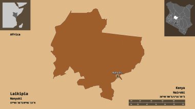 Kenya ve başkenti Laikipia 'nın şekli. Uzaklık ölçeği, ön gösterimler ve etiketler. Desenli dokuların bileşimi. 3B görüntüleme