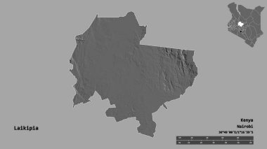 Kenya 'nın Laikipia ilçesi, başkenti sağlam bir zemin üzerinde izole edilmiştir. Uzaklık ölçeği, bölge önizlemesi ve etiketleri. Çift seviyeli yükseklik haritası. 3B görüntüleme