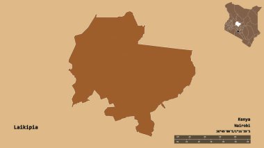 Kenya 'nın Laikipia ilçesi, başkenti sağlam bir zemin üzerinde izole edilmiştir. Uzaklık ölçeği, bölge önizlemesi ve etiketleri. Desenli dokuların bileşimi. 3B görüntüleme