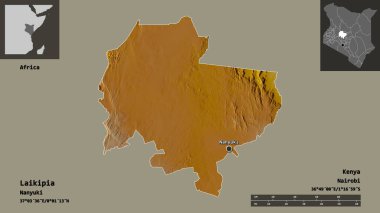 Kenya ve başkenti Laikipia 'nın şekli. Uzaklık ölçeği, ön gösterimler ve etiketler. Topografik yardım haritası. 3B görüntüleme
