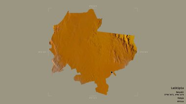 Laikipia bölgesi, Kenya ilçesi, jeoreferatlı bir sınır kutusunda sağlam bir arka planda izole edilmiş. Etiketler. Topografik yardım haritası. 3B görüntüleme