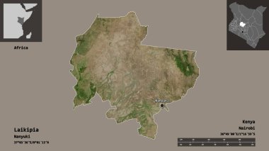 Kenya ve başkenti Laikipia 'nın şekli. Uzaklık ölçeği, ön gösterimler ve etiketler. Uydu görüntüleri. 3B görüntüleme