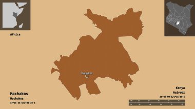 Kenya 'nın Machakos ilçesi ve başkenti. Uzaklık ölçeği, ön gösterimler ve etiketler. Desenli dokuların bileşimi. 3B görüntüleme