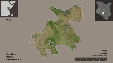 Kenya 'nın Machakos ilçesi ve başkenti. Uzaklık ölçeği, ön gösterimler ve etiketler. Uydu görüntüleri. 3B görüntüleme
