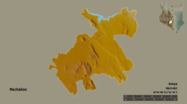 Kenya 'nın Machakos ilçesi, başkenti sağlam arka planda izole edilmiştir. Uzaklık ölçeği, bölge önizlemesi ve etiketleri. Topografik yardım haritası. 3B görüntüleme