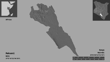 Kenya 'nın Makueni ilçesi ve başkenti. Uzaklık ölçeği, ön gösterimler ve etiketler. Çift seviyeli yükseklik haritası. 3B görüntüleme
