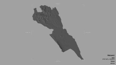 Makueni Bölgesi, Kenya Bölgesi, jeoreferated sınır kutusunda sağlam bir arka planda izole edilmiş. Etiketler. Çift seviyeli yükseklik haritası. 3B görüntüleme